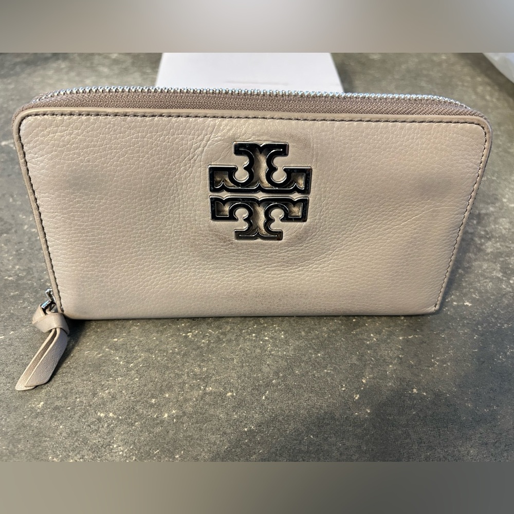 Gray Tory Burch leather zip around long wallet